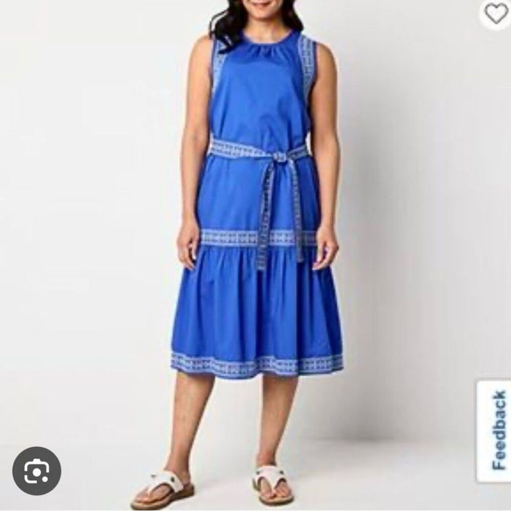 St. John's Bay Royal Blue Sleeveless Belted Midi Dress 100% Cotton